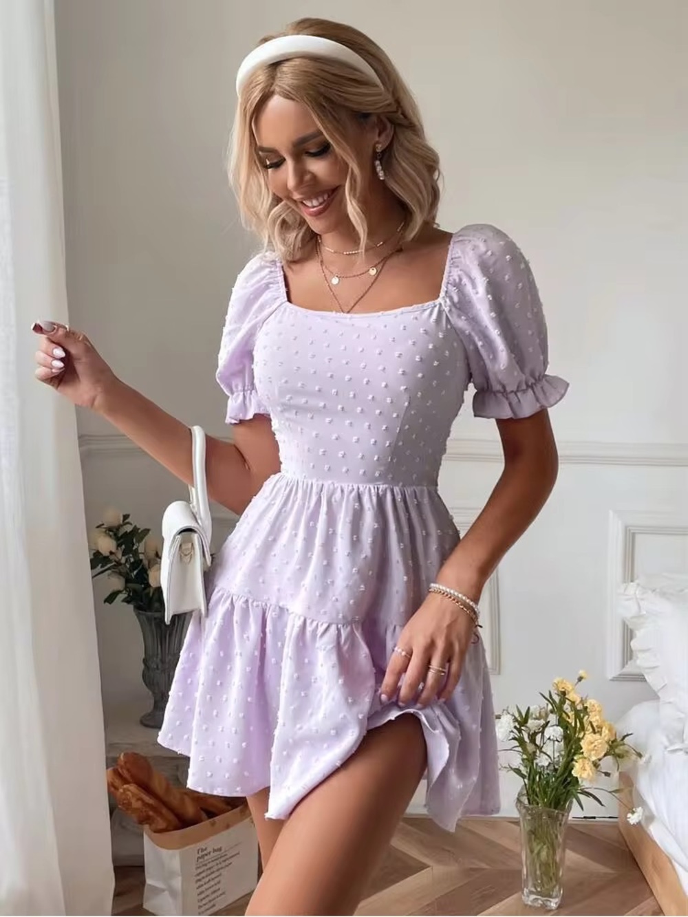 SHEIN Light Lavender Swiss Dot Puff Sleeve Mini Dress